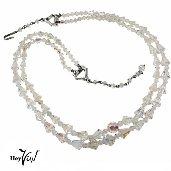 Vintage Aurora Borealis Crystal Bead Necklace 2 Strand w Rhinestone 22" -Hey Viv - Picture 2 of 6